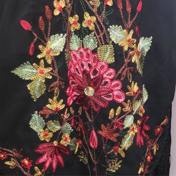 Vtg SANU Black Boho Floral Embroidered Maxi Skirt Fringe Hem, Folk Festival, XL - Picture 8 of 12